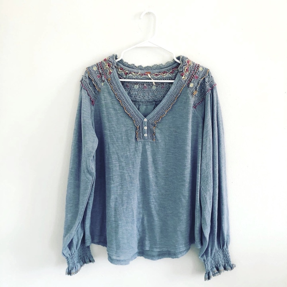 Free People Crotchet Long Balloon Sleeve Top